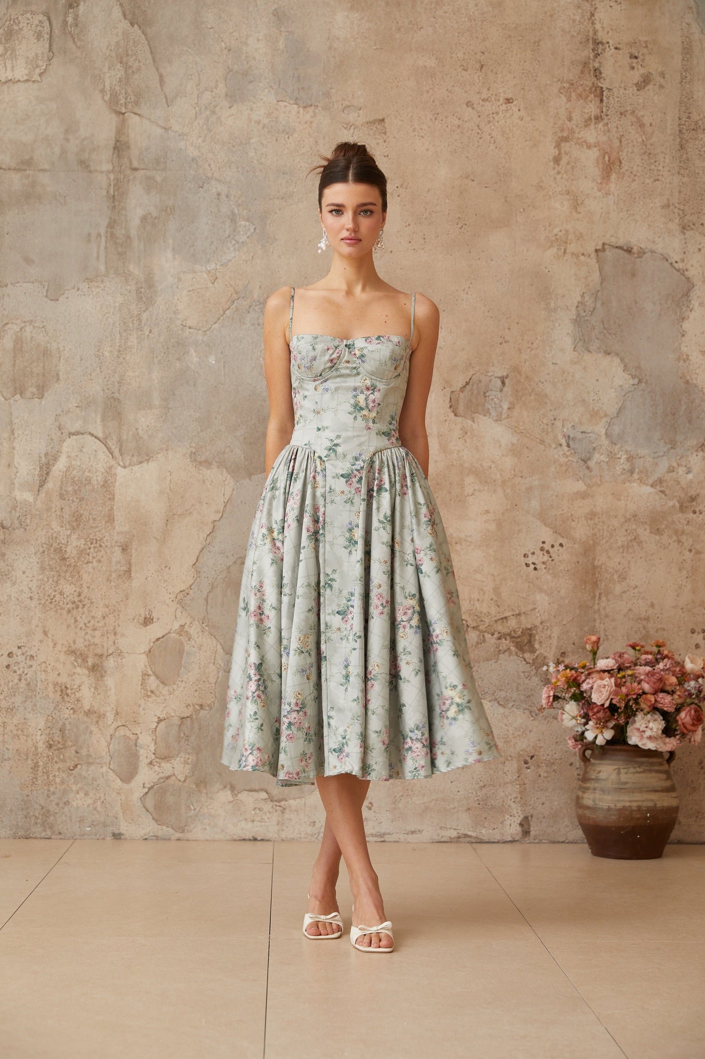 Prunelle sage-green floral-print shirred midi dress