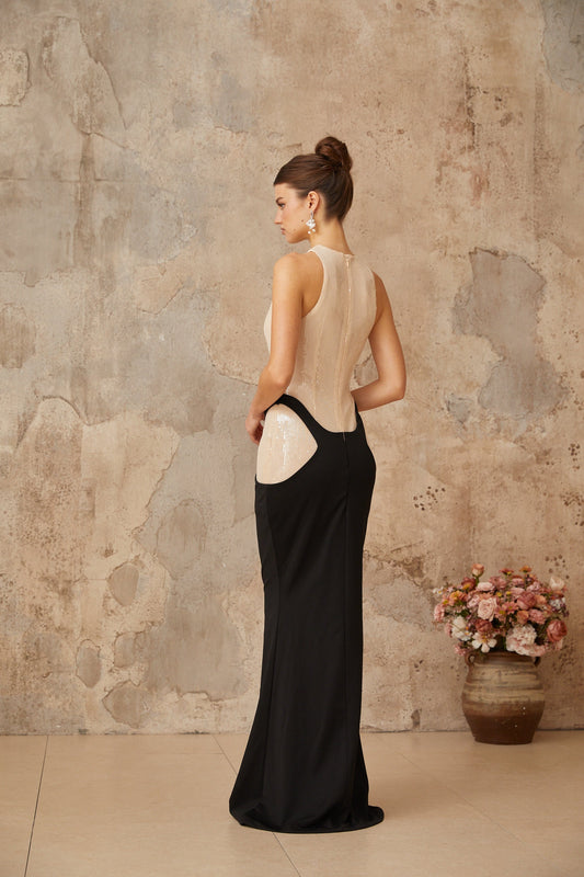 Uranie black panelled sequined corset maxi dress
