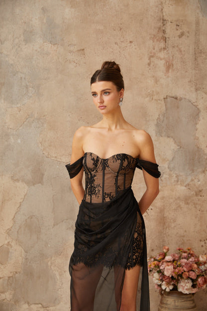 Orphée black tulle-panel floral-lace corset maxi dress