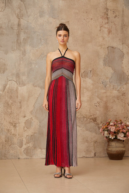 Ulysse Red Metallic Knit Halterneck Maxi Dress