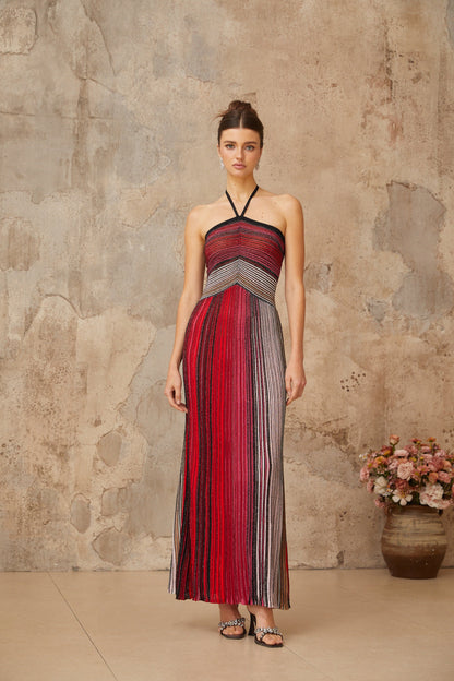 Ulysse Red Metallic Knit Halterneck Maxi Dress