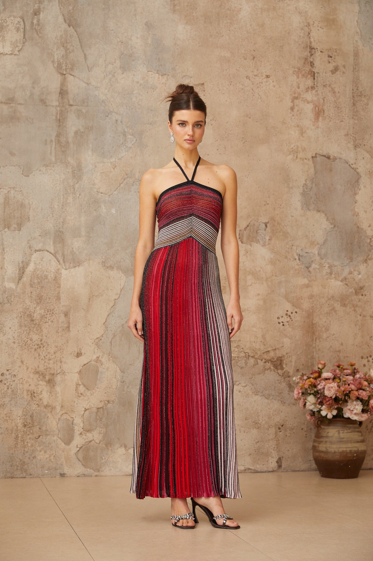 Ulysse Red Metallic Knit Halterneck Maxi Dress