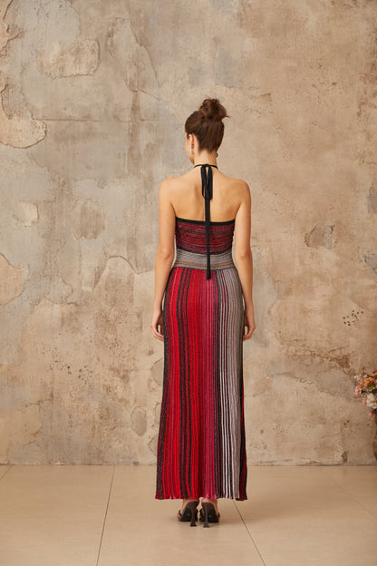Ulysse Red Metallic Knit Halterneck Maxi Dress