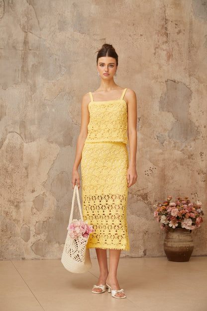 Isoline yellow crochet-knit top & skirt matching set