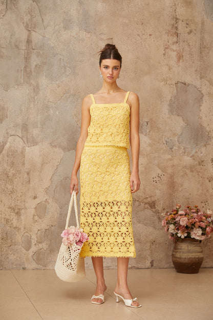 Isoline yellow crochet-knit top & skirt matching set
