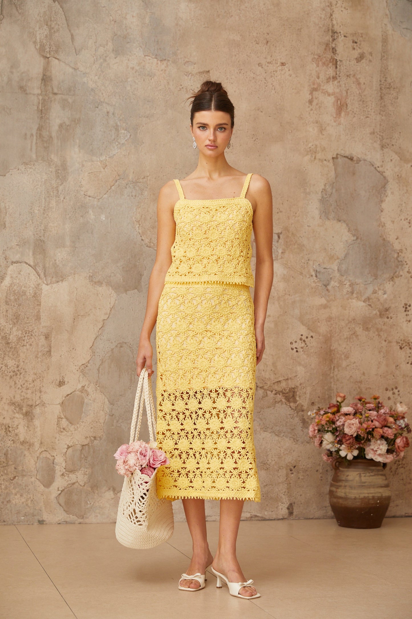 Isoline yellow crochet-knit top & skirt matching set