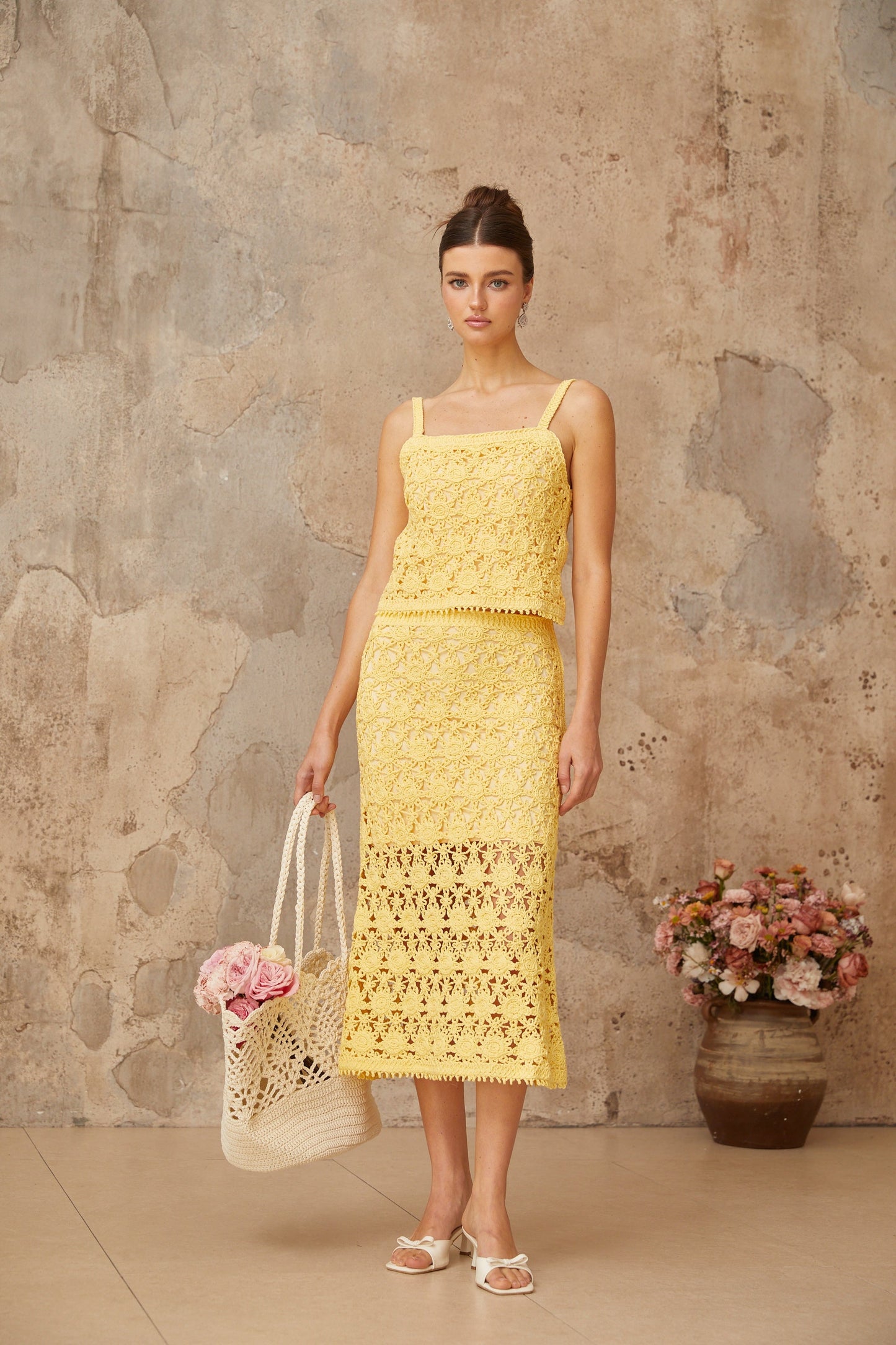 Isoline yellow crochet-knit top & skirt matching set