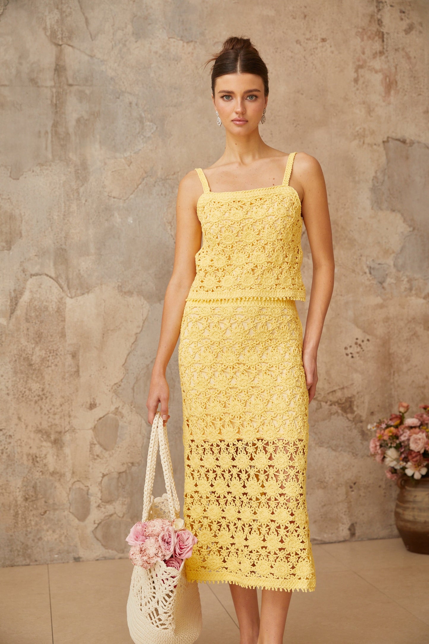 Isoline yellow crochet-knit top & skirt matching set