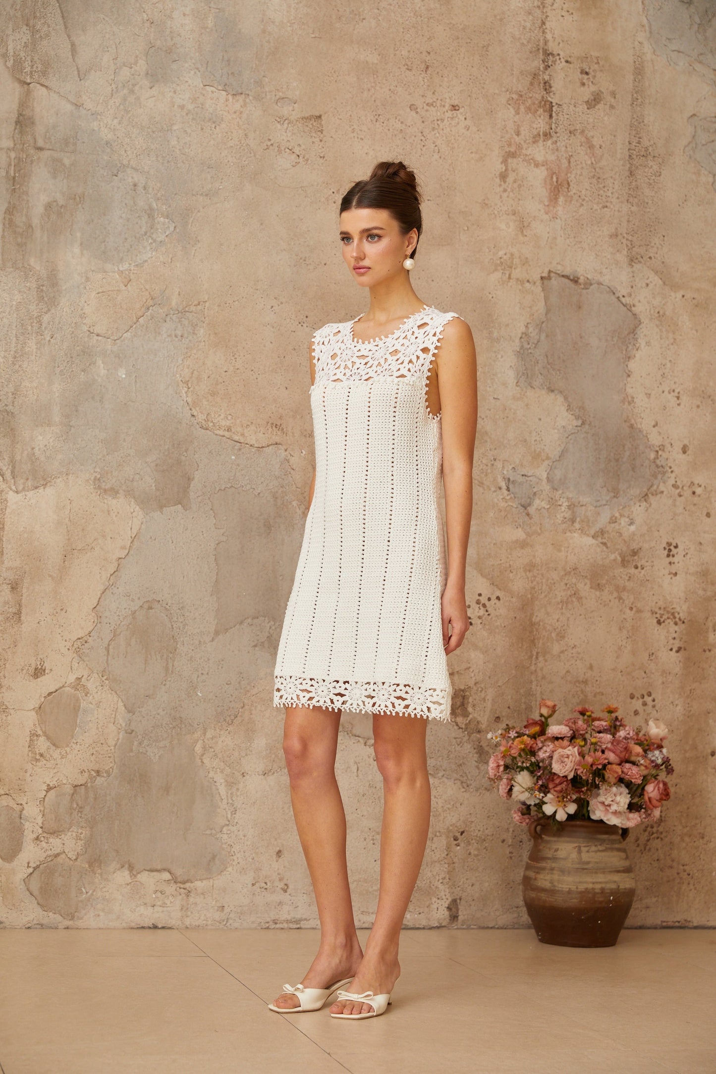 Gisèle white floral-appliqué crochet-knit mini dress