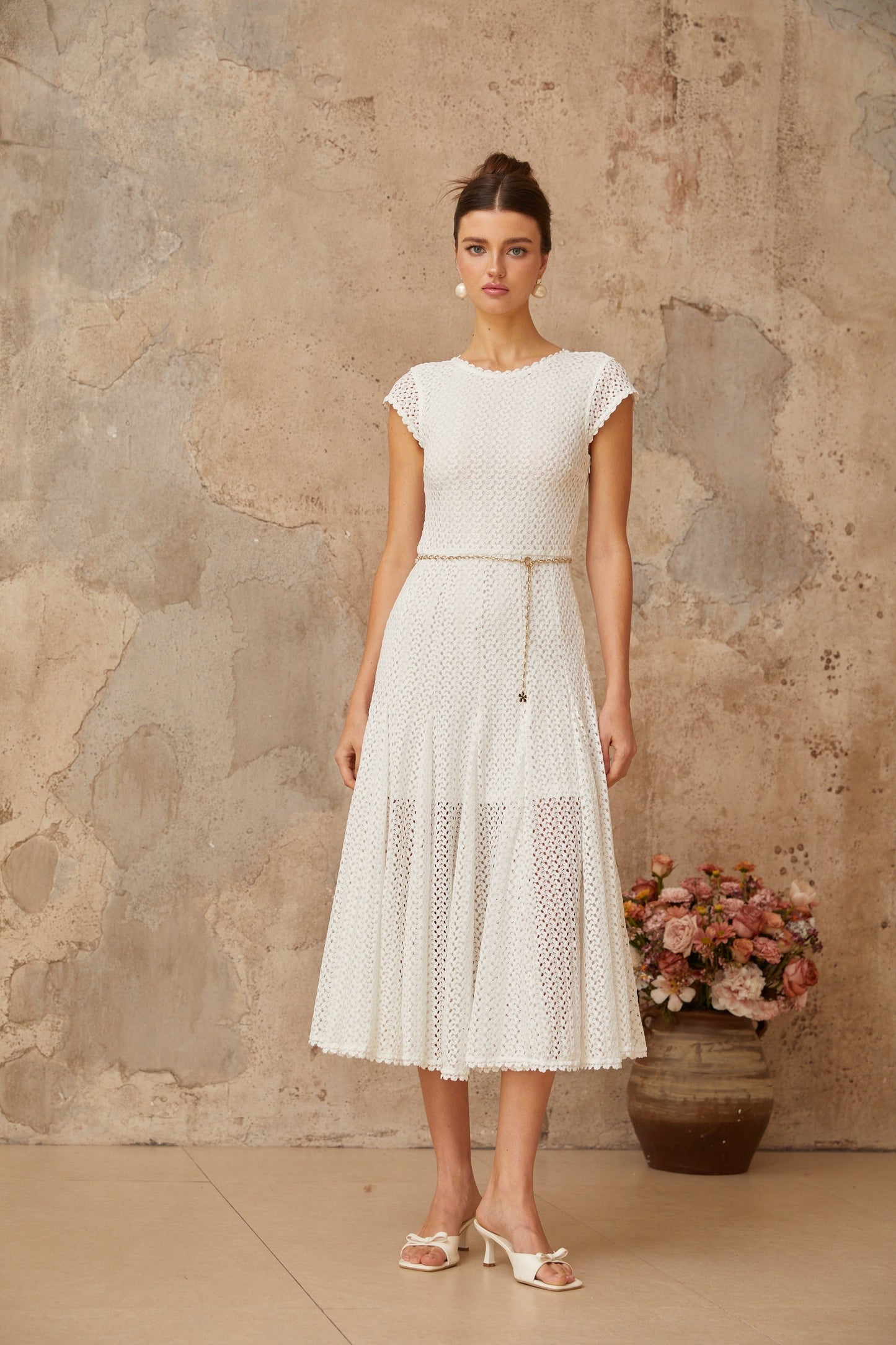 Giada White Shirred Crochet Knit Midi Dress