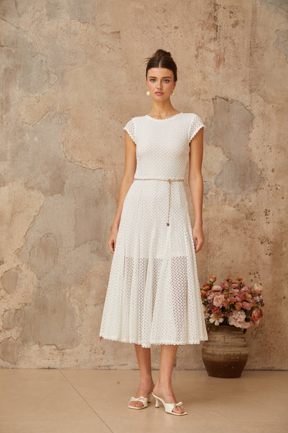 Giada White Shirred Crochet Knit Midi Dress