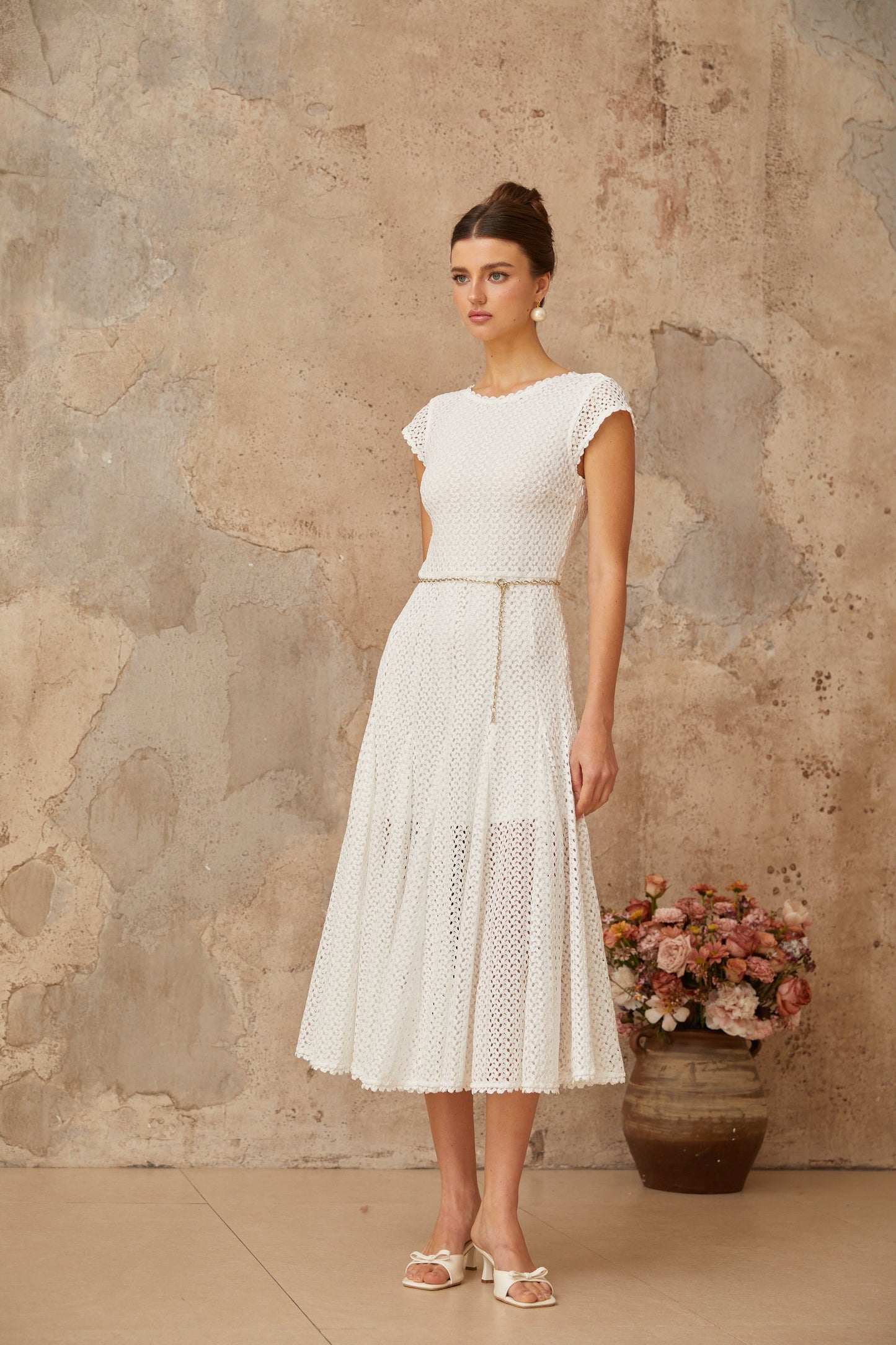 Giada White Shirred Crochet Knit Midi Dress