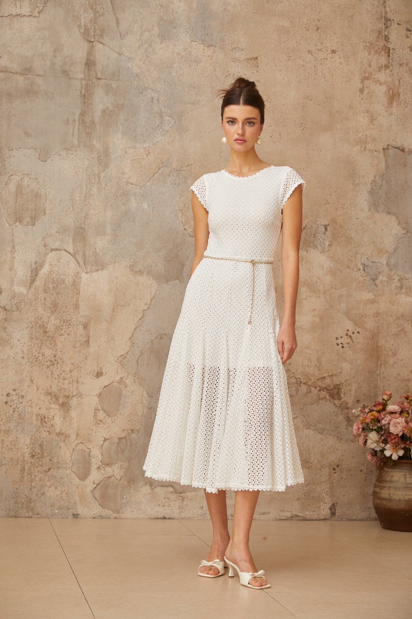 Giada White Shirred Crochet Knit Midi Dress