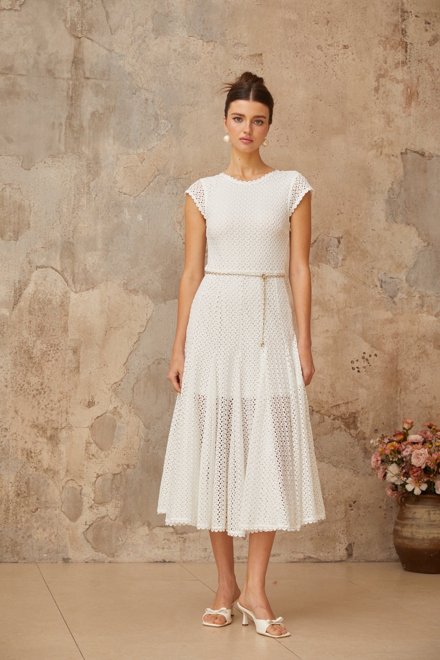 Giada White Shirred Crochet Knit Midi Dress