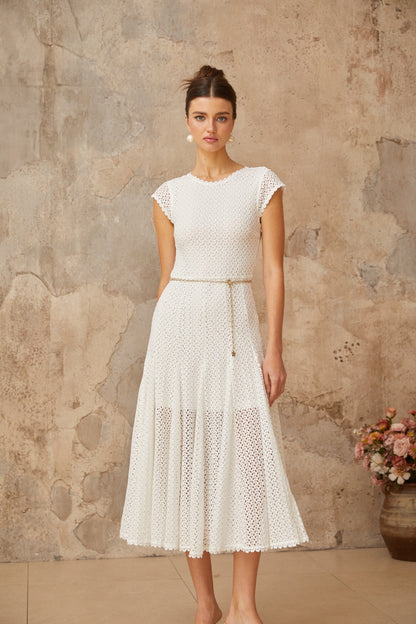 Giada White Shirred Crochet Knit Midi Dress