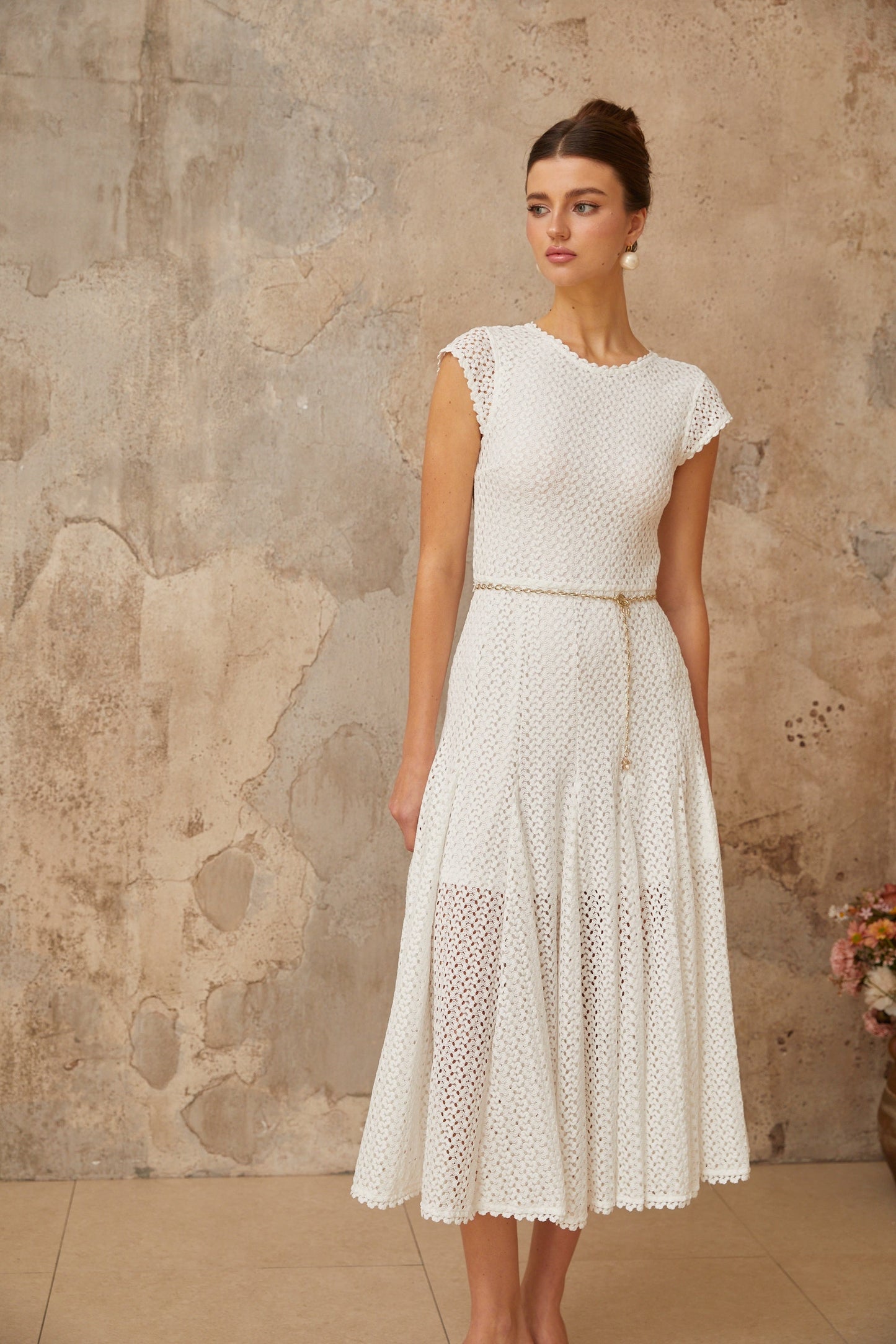 Giada White Shirred Crochet Knit Midi Dress
