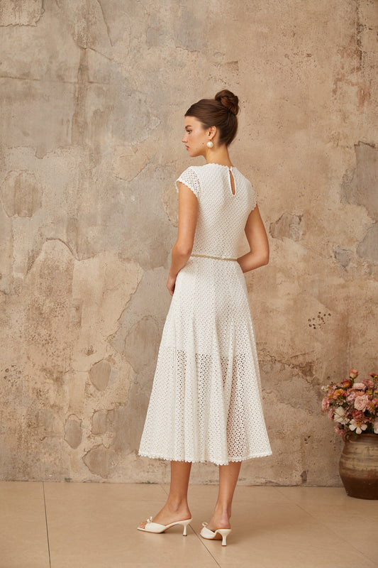Giada White Shirred Crochet Knit Midi Dress