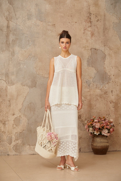 Irène White Cutout Crochet Knit Two-Piece Top and Skirt