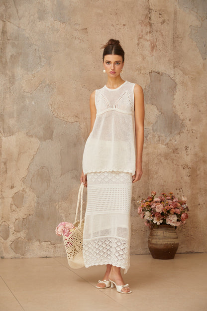 Irène White Cutout Crochet Knit Two-Piece Top and Skirt