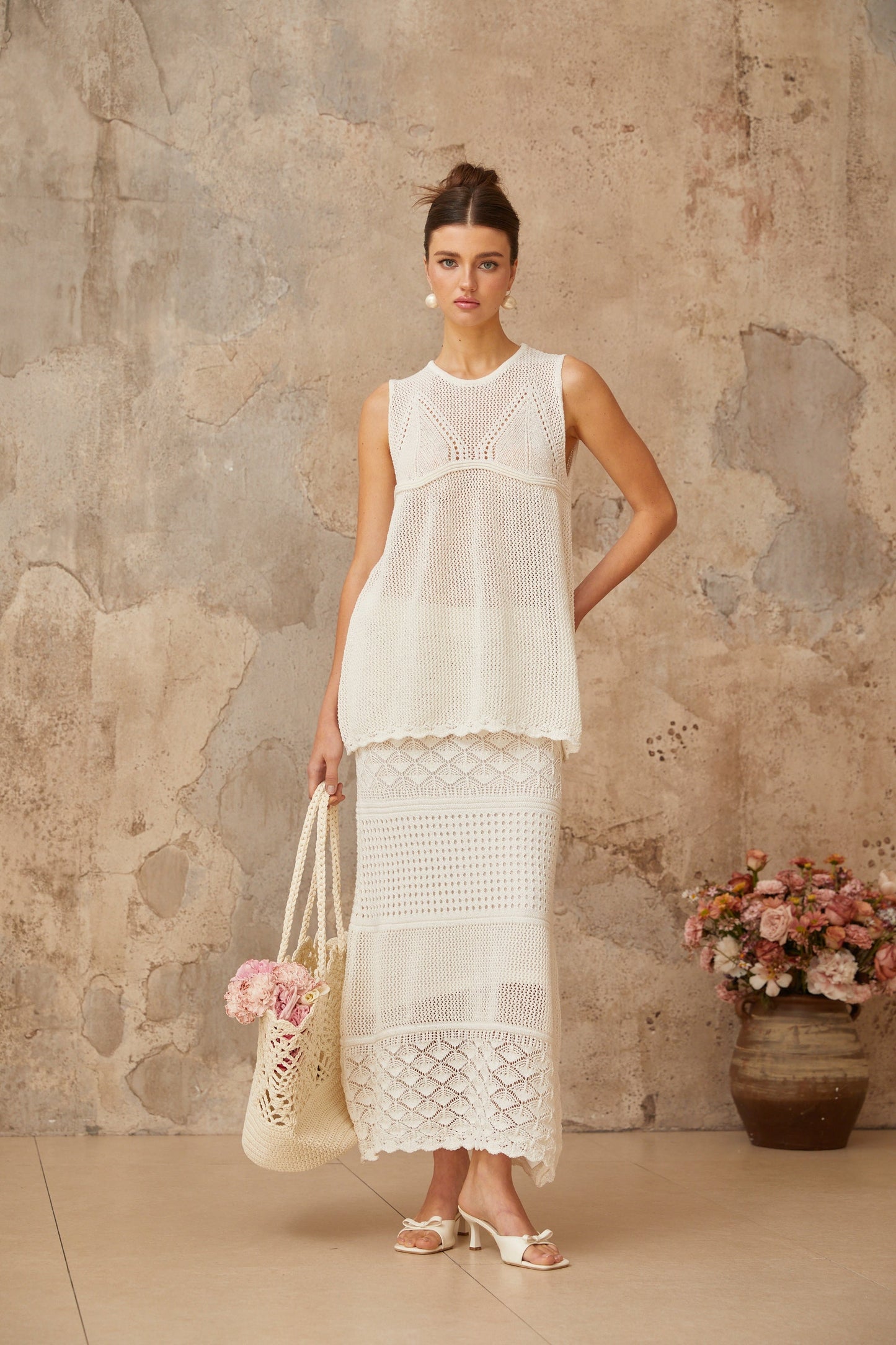 Irène White Cutout Crochet Knit Two-Piece Top and Skirt