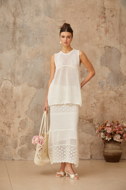 Irène White Cutout Crochet Knit Two-Piece Top and Skirt