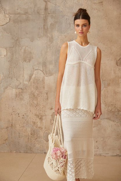 Irène White Cutout Crochet Knit Two-Piece Top and Skirt
