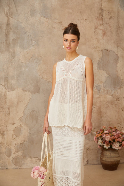 Irène White Cutout Crochet Knit Two-Piece Top and Skirt