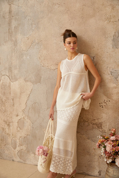 Irène White Cutout Crochet Knit Two-Piece Top and Skirt