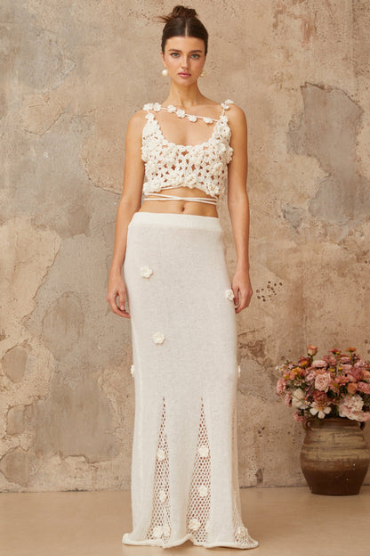 Pauline white floral appliqué top & skirt matching set