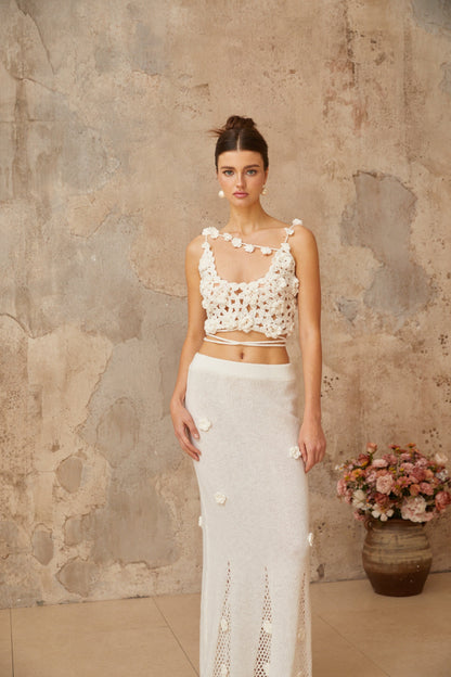 Pauline white floral appliqué top & skirt matching set