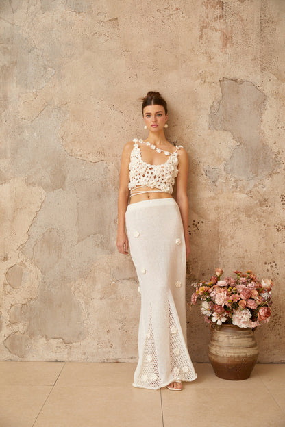 Pauline white floral appliqué top & skirt matching set