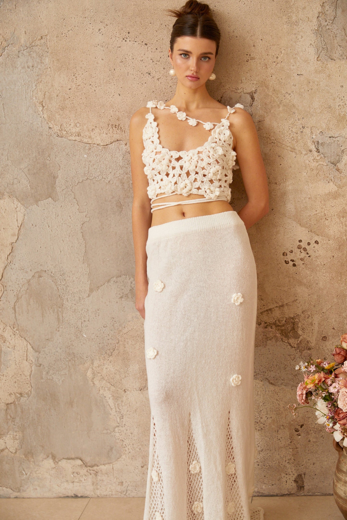 Pauline white floral appliqué top & skirt matching set