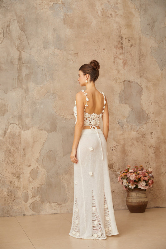 Pauline white floral appliqué top & skirt matching set