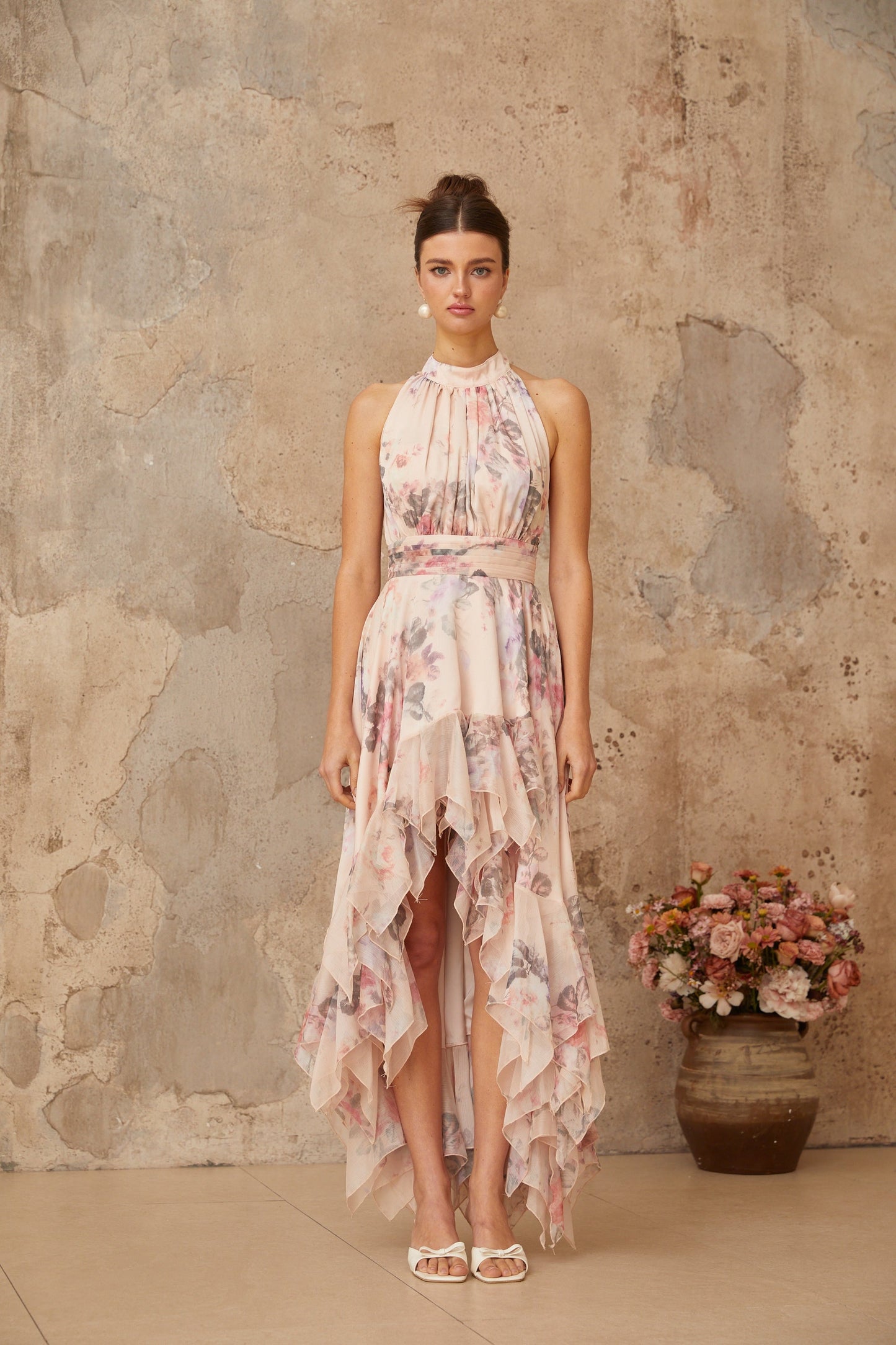 Nina pink asymmetrical floral-print maxi dress