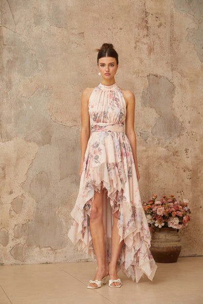 Nina pink asymmetrical floral-print maxi dress