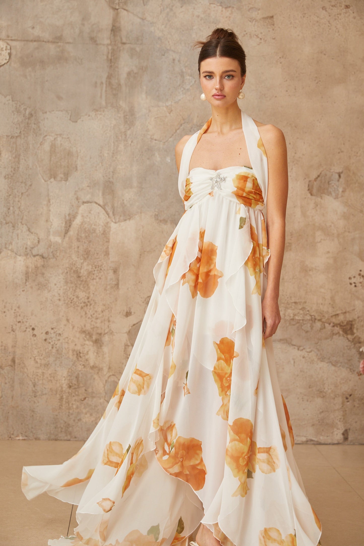 Mariah White Floral Print Ruffled Tulle Maxi Dress