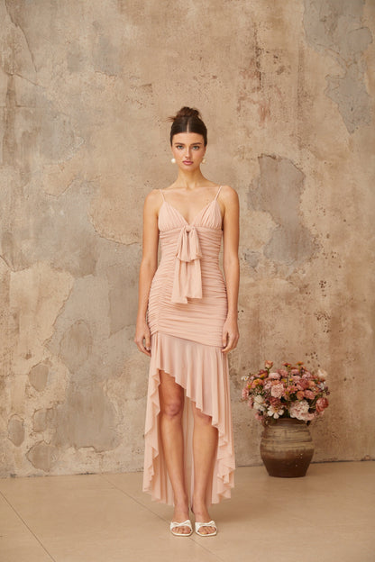 Giada Pink Asymmetrical Ruched Midi Dress