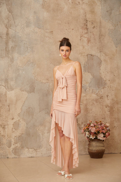 Giada Pink Asymmetrical Ruched Midi Dress