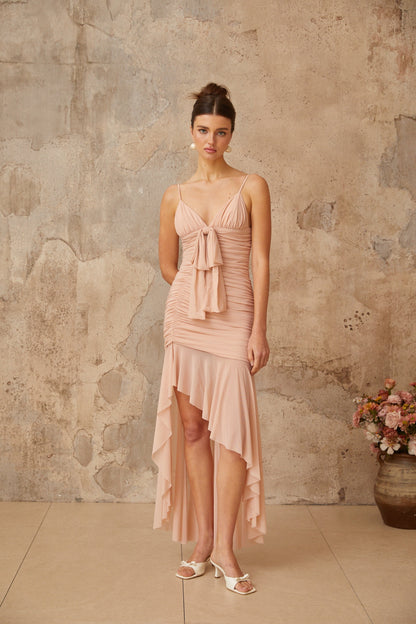 Giada Pink Asymmetrical Ruched Midi Dress