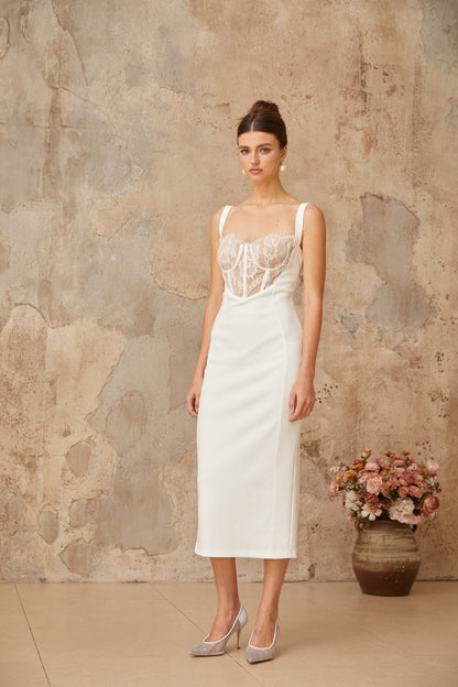 Poema white lace-panel corset midi dress