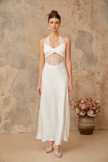 Blanche white lace-panel satin maxi dress