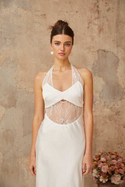 Blanche white lace-panel satin maxi dress