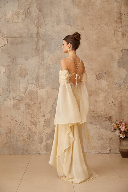 Mélusine Neutral Ruched Chiffon Maxi Dress