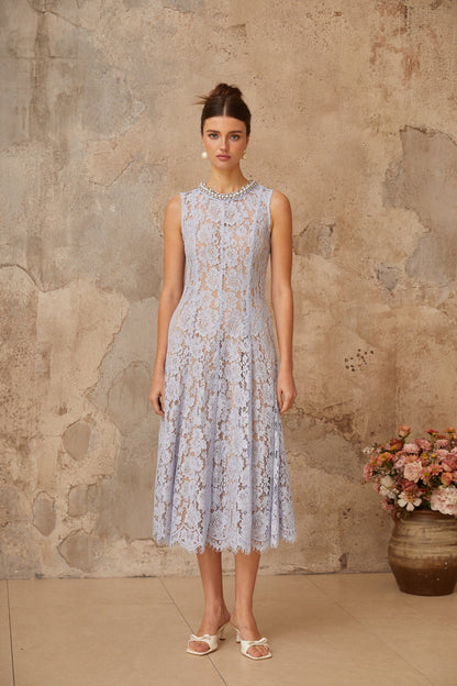 Lison blue embellished floral-lace midi dress