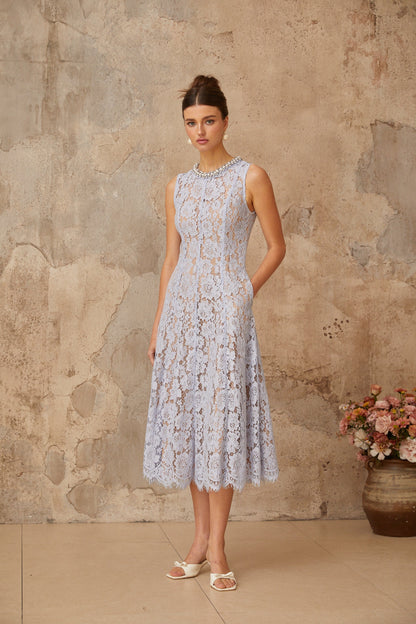 Lison blue embellished floral-lace midi dress