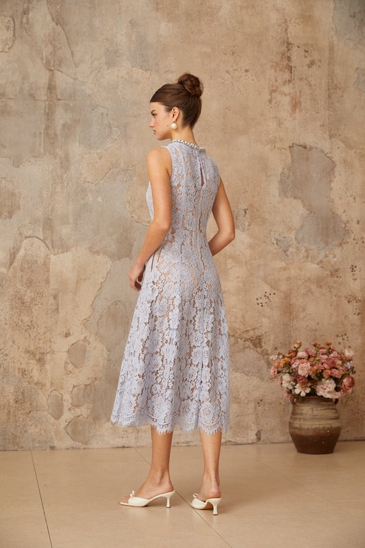 Lison blue embellished floral-lace midi dress