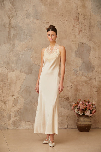 Vera White Lace Trim Satin Maxi Dress