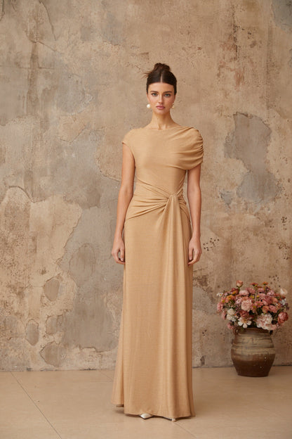 Rosalie gold asymmetrical pleated maxi dress