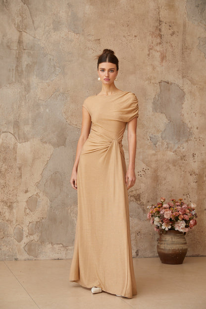 Rosalie gold asymmetrical pleated maxi dress