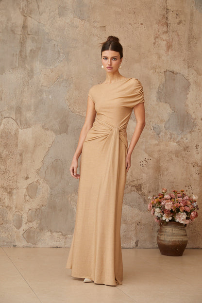 Rosalie gold asymmetrical pleated maxi dress